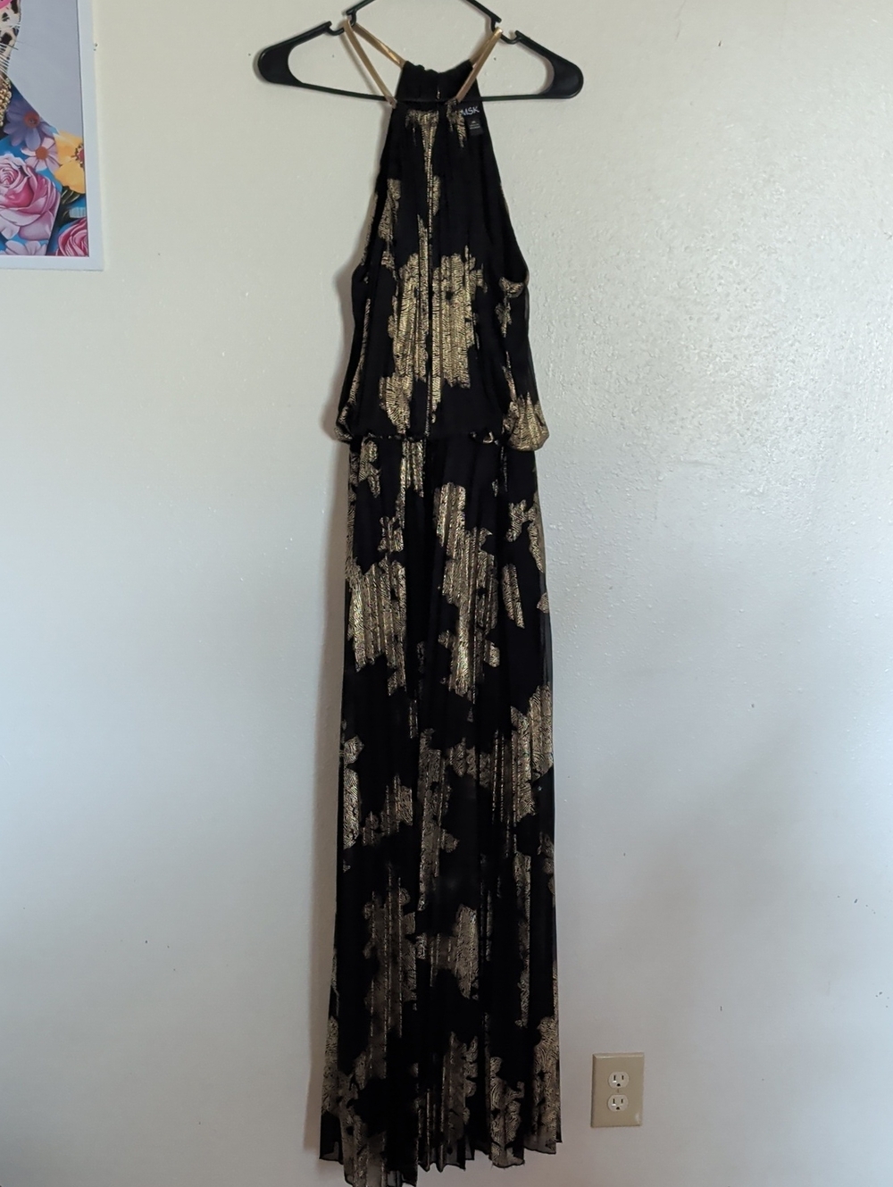 MSK Black and Gold Halter Maxi Dress
